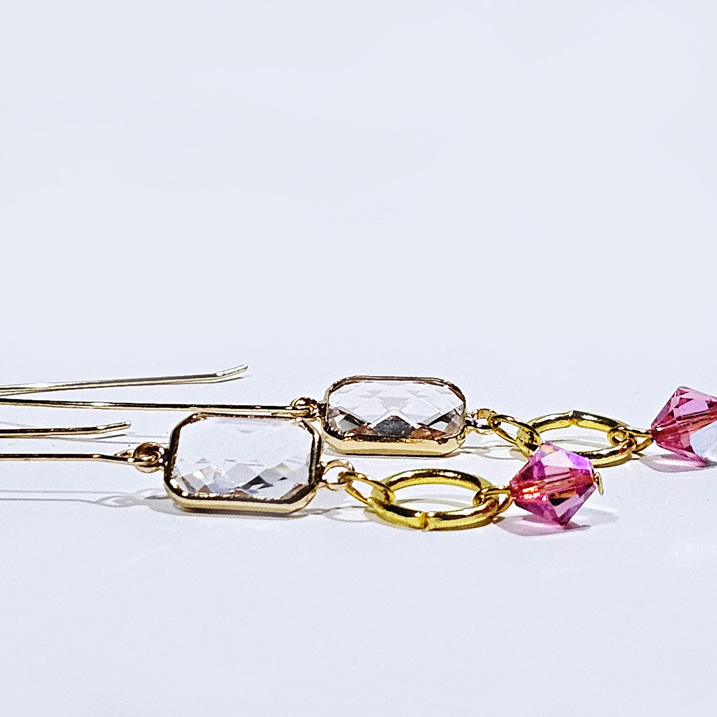 PINK, CRYSTAL, AND GOLD DANGLE EARRINGS